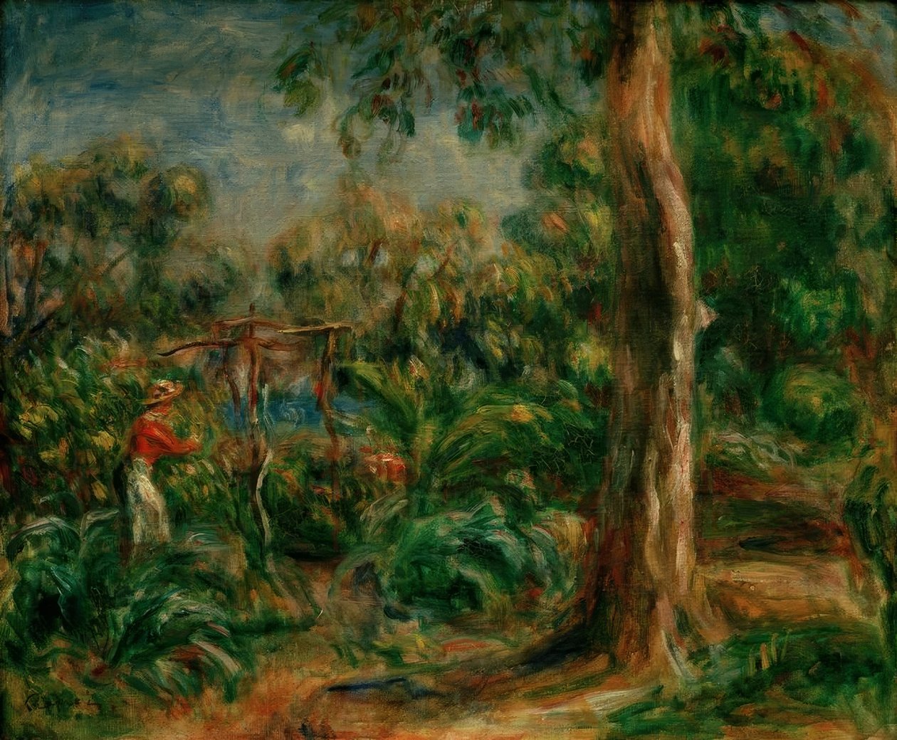 Der große Baum. Frau im roten Korsett im Garten von Ca von Pierre Auguste Renoir