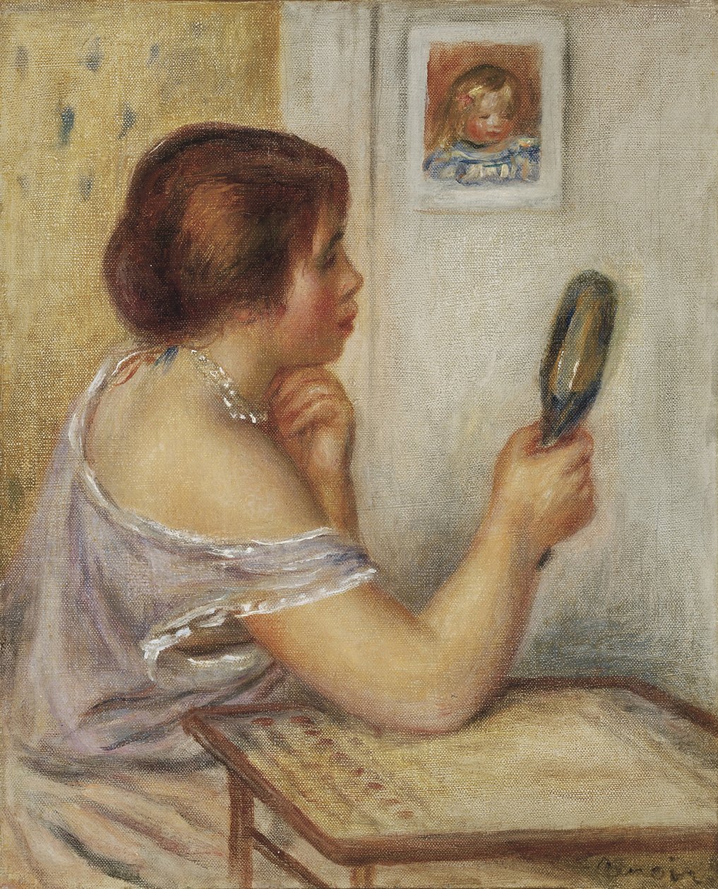 Marie Dupuis hält einen Spiegel mit einem Porträt von Coco von Pierre Auguste Renoir