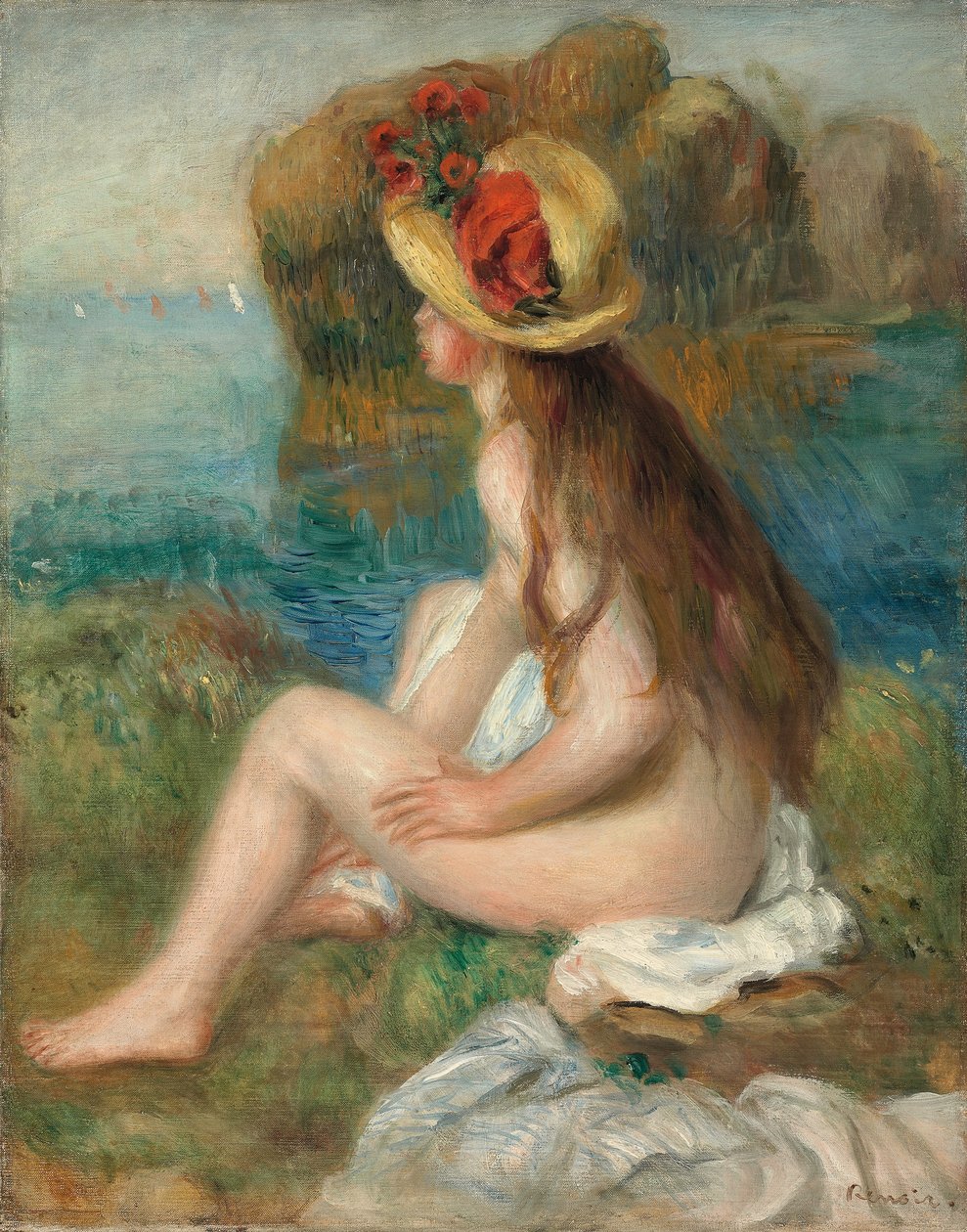 Akt mit Strohhut am Meer, 1892 von Pierre Auguste Renoir