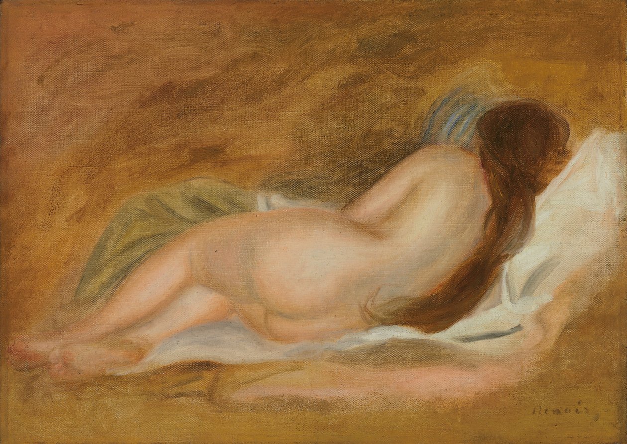 Schlafender Akt, Rückenansicht, Ocker Hintergrund; Nu Couche, vu de Dos, sur fond Ocre, ca. 1885 von Pierre Auguste Renoir