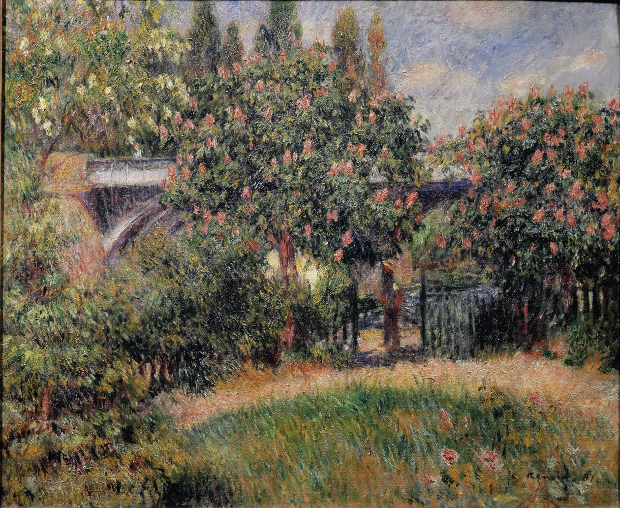 Die Eisenbahnbrücke in Chatou oder die rosa Kastanienbäume von Pierre Auguste Renoir