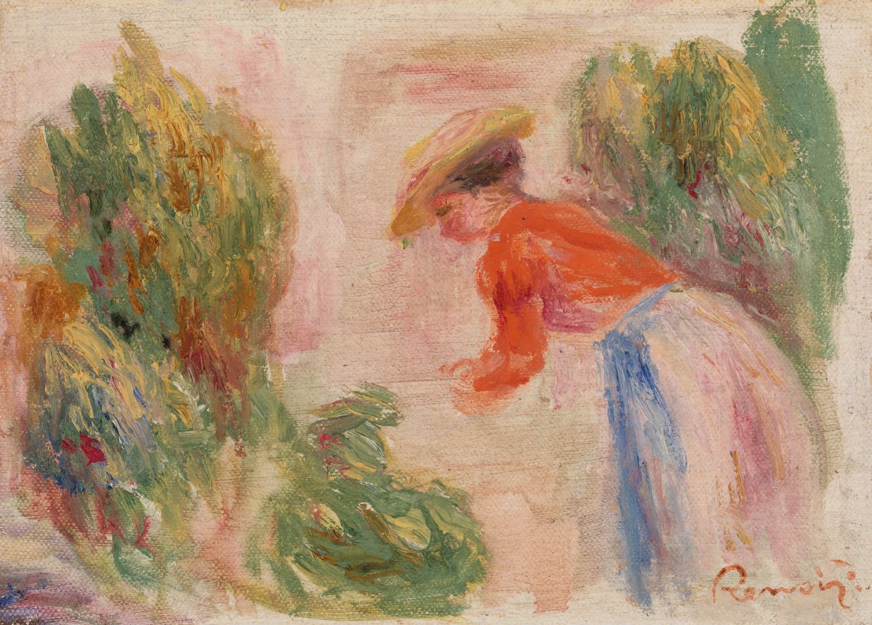 Frau, die Blumen sammelt von Pierre Auguste Renoir