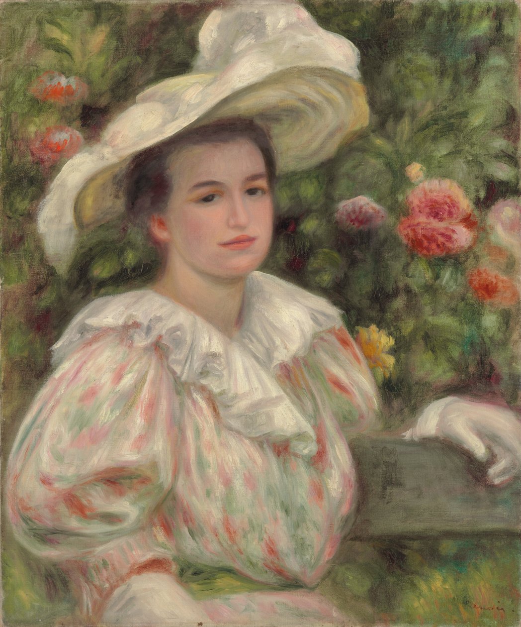 Junges Mädchen unter Blumen oder Frau mit weißem Hut von Pierre-Auguste Renoir