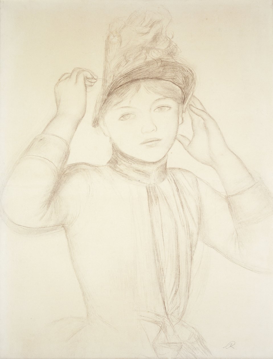 Junge Frau, die ihren Hut richtet; Jeune Fille Arrangeant son Chapeau, um 1885 von Pierre Auguste Renoir