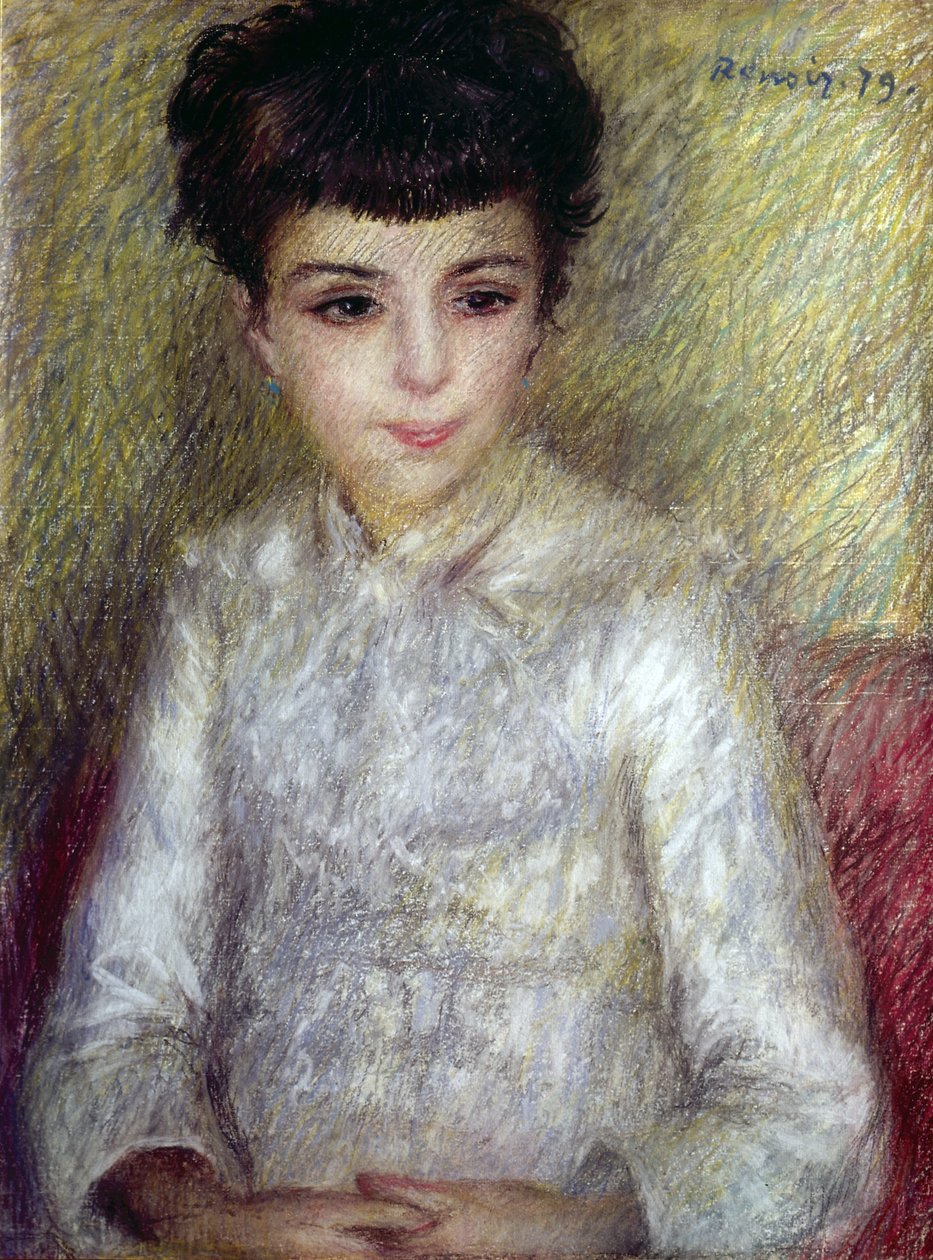 Junge brünette Mädchen sitzt mit verschränkten Händen von Pierre Auguste Renoir