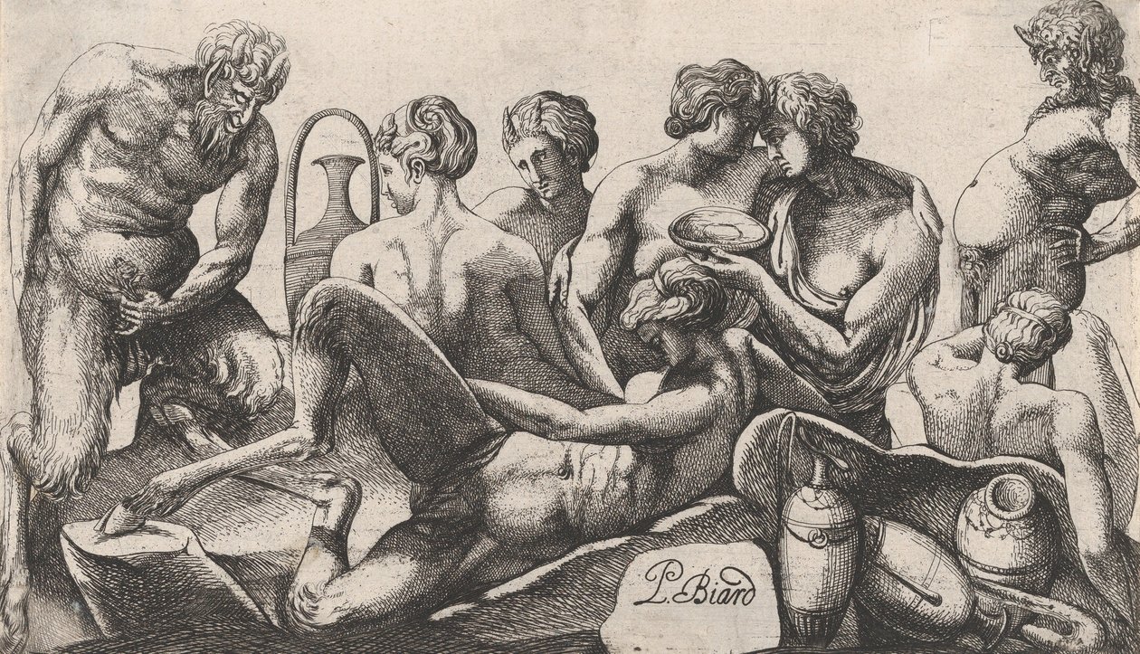 Acht Satyrn und Satyrinnen beenden eine Mahlzeit (1607-61) von Pierre Biard
