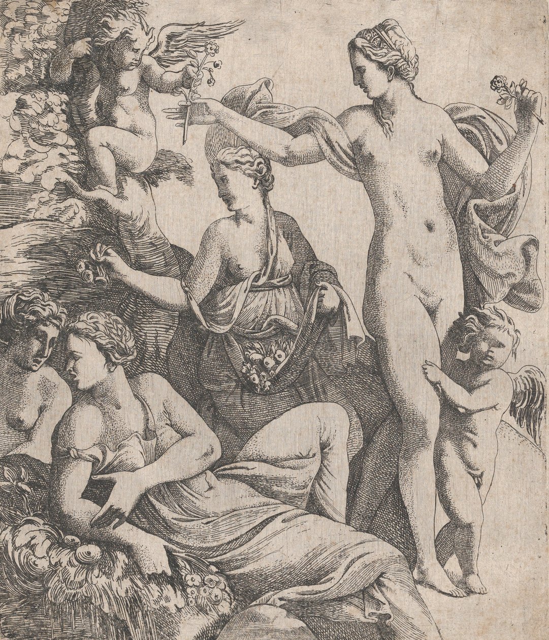 Venus, stehend mit den drei Grazien, wird eine Blume von einem Putto angeboten, 1607-61 von Pierre Biard