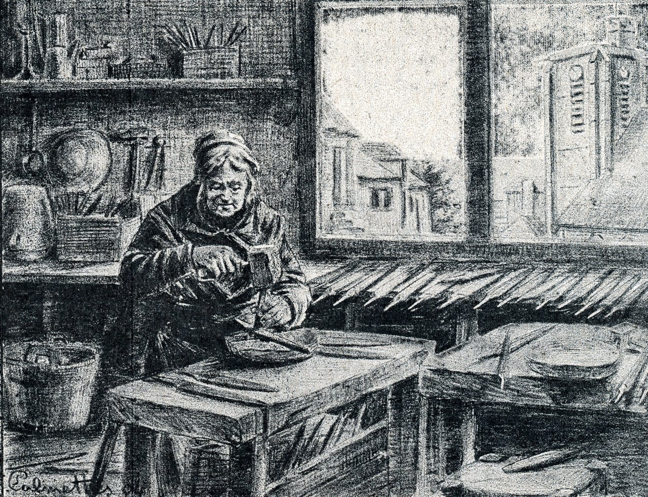 Ein Arbeiter bei der Feilenherstellung. Gravur von Pierre Calmette. Private Sammlung von Pierre Calmettes