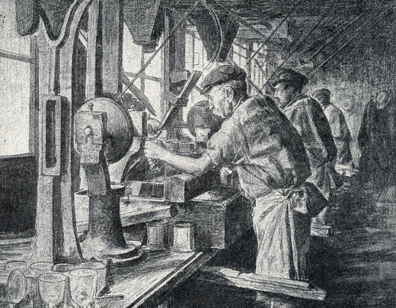 Schneiderei in der Kristallglasmanufaktur in Sèvres bei Paris, Gravur aus „Excursion à travers les métiers“ von Pierre Calmette, Privatsammlung von Pierre Calmettes