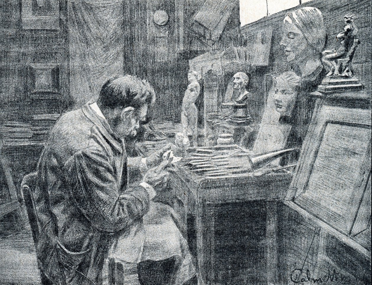 Elfenbeinarbeiter schnitzt Elfenbein mit Meißeln, Schabern und Hohlbeiteln, Gravur aus „Excursion à travers les métiers“ von Pierre Calmette, Privatsammlung von Pierre Calmettes