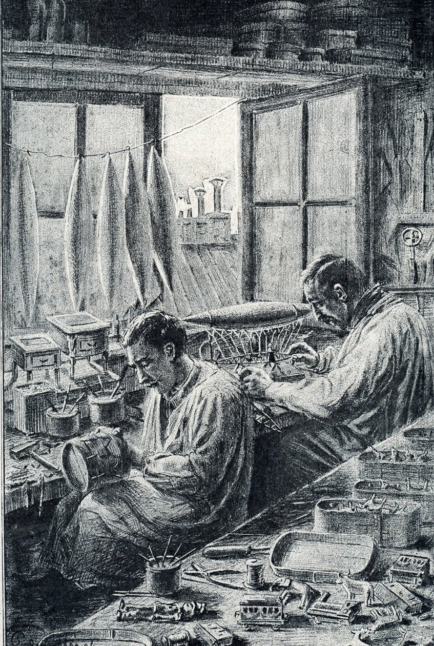 Pariser Arbeiter bei der Spielzeugherstellung. Gravur von Pierre Calmette. Private Sammlung von Pierre Calmettes