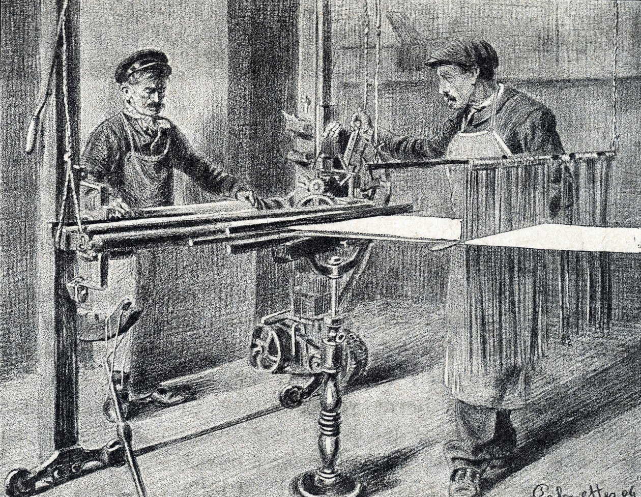 Seidenwerkstatt: Vorbereitung der Kette am Faltbrett (Seidenarbeit), Gravur aus "Excursion à travers les métiers" von Pierre Calmette, Privatsammlung von Pierre Calmettes