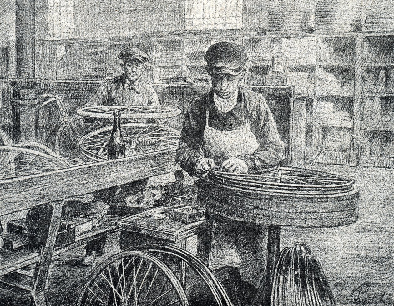 Arbeiter befestigen die Speichen an den Felgen eines Fahrrads während der Herstellung (Gravur aus der Sammlung Pierre Calmette) von Pierre Calmettes