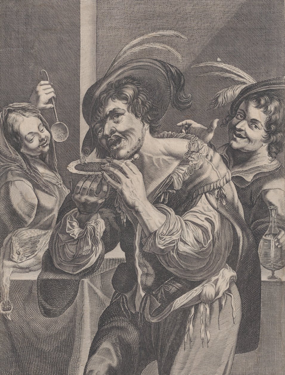 Mann isst Suppe, während zwei Personen ihm zuschauen, 1624-75 von Pierre Daret