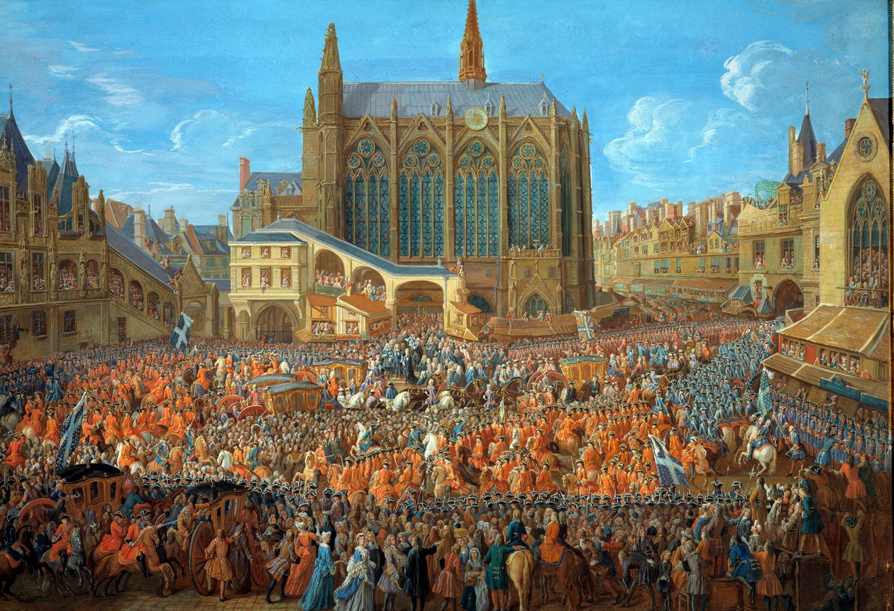 König Ludwig XV. (1710-1774) verlässt das Bett der Gerechtigkeit im Palais de Justice in Paris am 12.09.1715 von Pierre Denis Martin