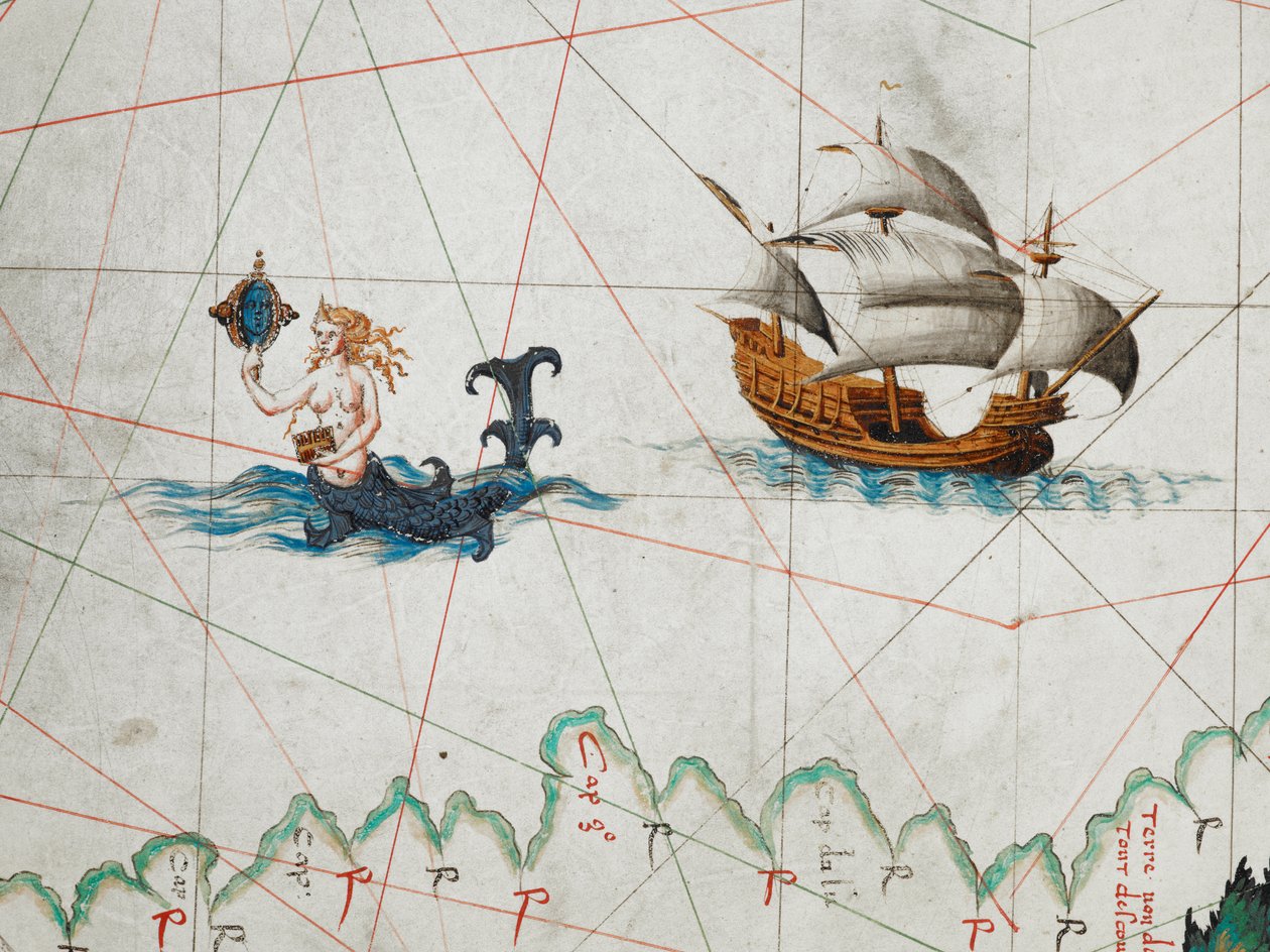 Ein Detail einer Sirene, die sich in einem Spiegel bewundert, und ein Schiff östlich von ihr im Südlichen Ozean, aus einer Weltkarte, 