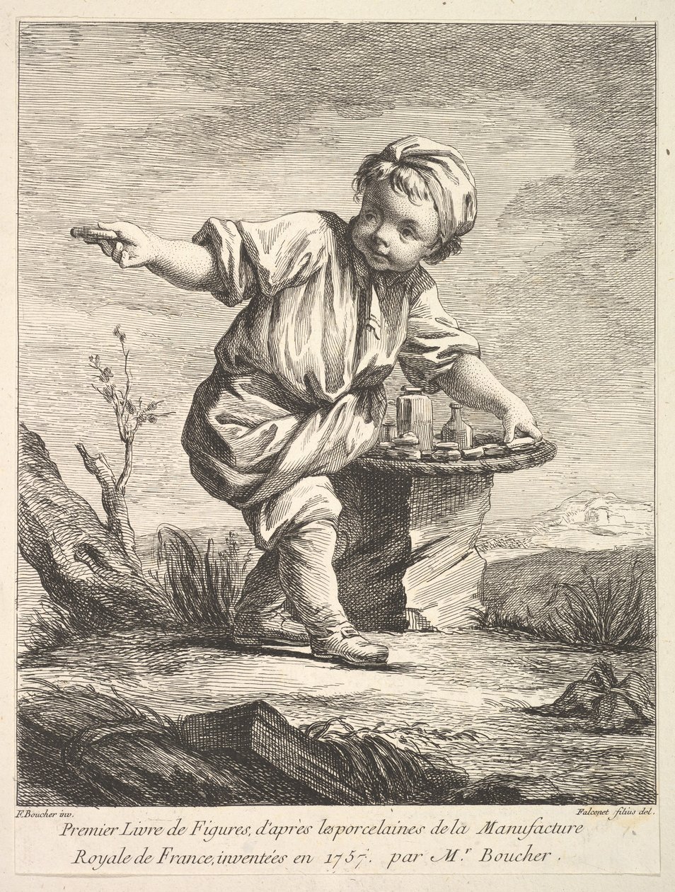 Frontispiz mit kleinem Jungen, der einen Korb hält, aus Premier Livre de Figures daprès les po..., 1757 von Pierre Etienne Falconet