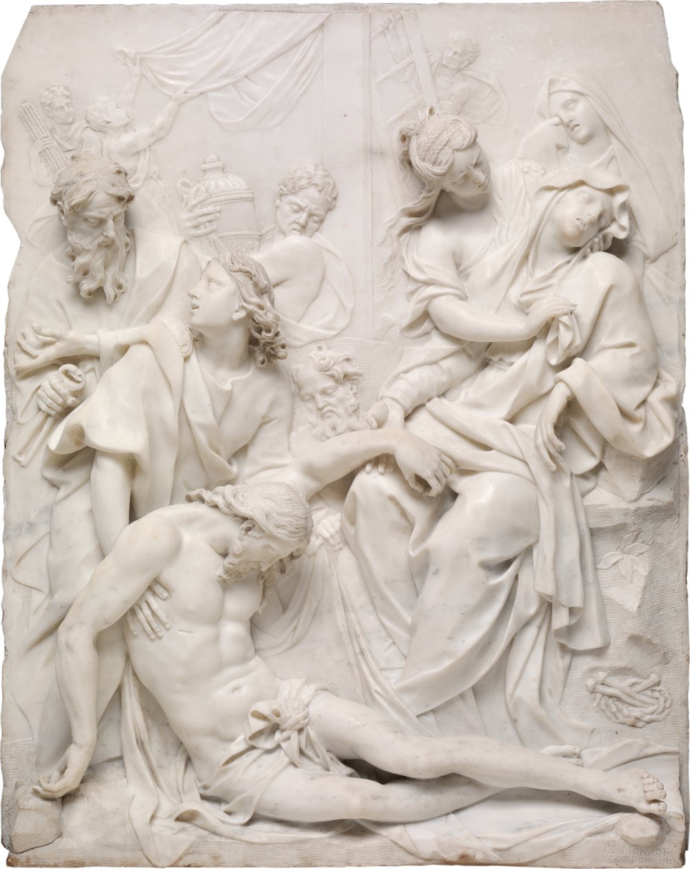 Die Jungfrau Maria ohnmächtig über dem toten Körper Christi am Fuße des Kreuzes, 1710 von Pierre Etienne Monnot
