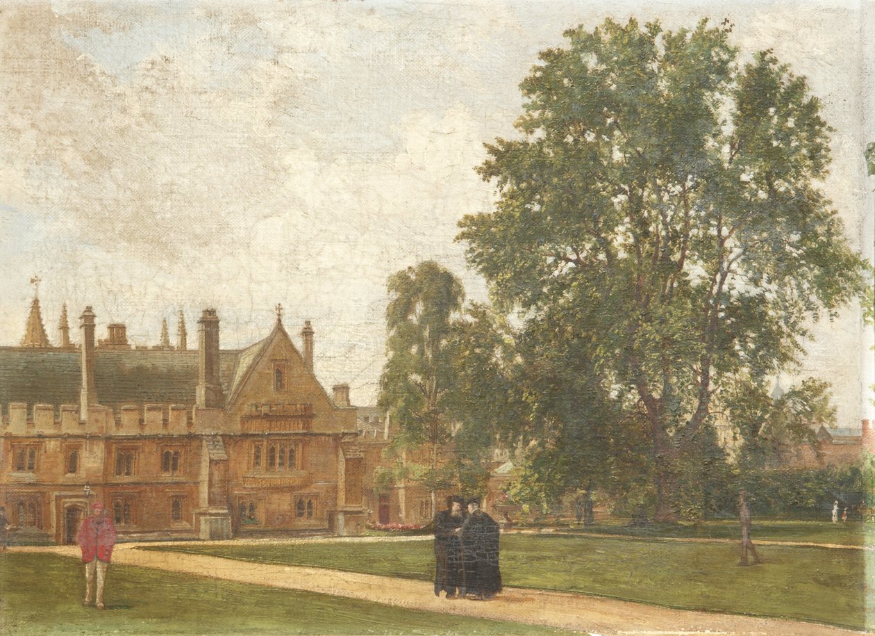Im Gelände des Magdalen College, mit Porträts der Magdalen Fellows: Reverend T. H. T. Hopkins, Reverend H. R. Bramley, Reverend J. Rigaud und Reverend H. F. Garnsey, 1882 von Pierre François Joseph Tonneau