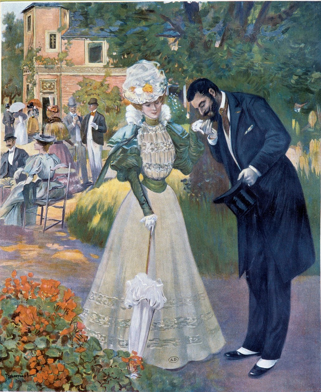 Belle Epoque: „Handsex“: ein Mann begrüßt eine Frau bei einem Empfang. Illustration von Jeanniot für „Le Figaro illustré“ Anfang des 20. Jahrhunderts Paris, Decorative Arts von Pierre Georges Jeanniot