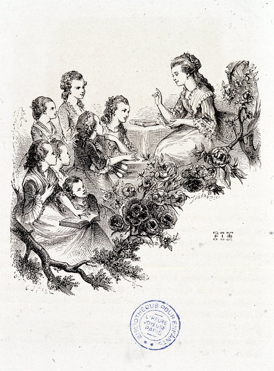 Junge Haushälterin erzählt einer Gruppe von Kindern eine Geschichte - in „Le magasin des enfants“ von Mme Leprince de Beaumont, ill. Staal, Garnier von Pierre Gustave Eugene Staal