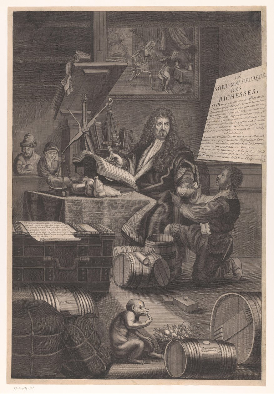 Goldwäger mit Diener und Warnungen vor den Gefahren des Reichtums von Pierre Landry (attributed to)