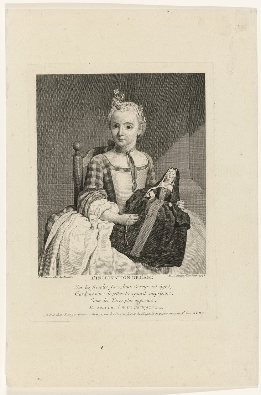 Mädchen mit Puppe als Nonne gekleidet von Pierre Louis Surugue