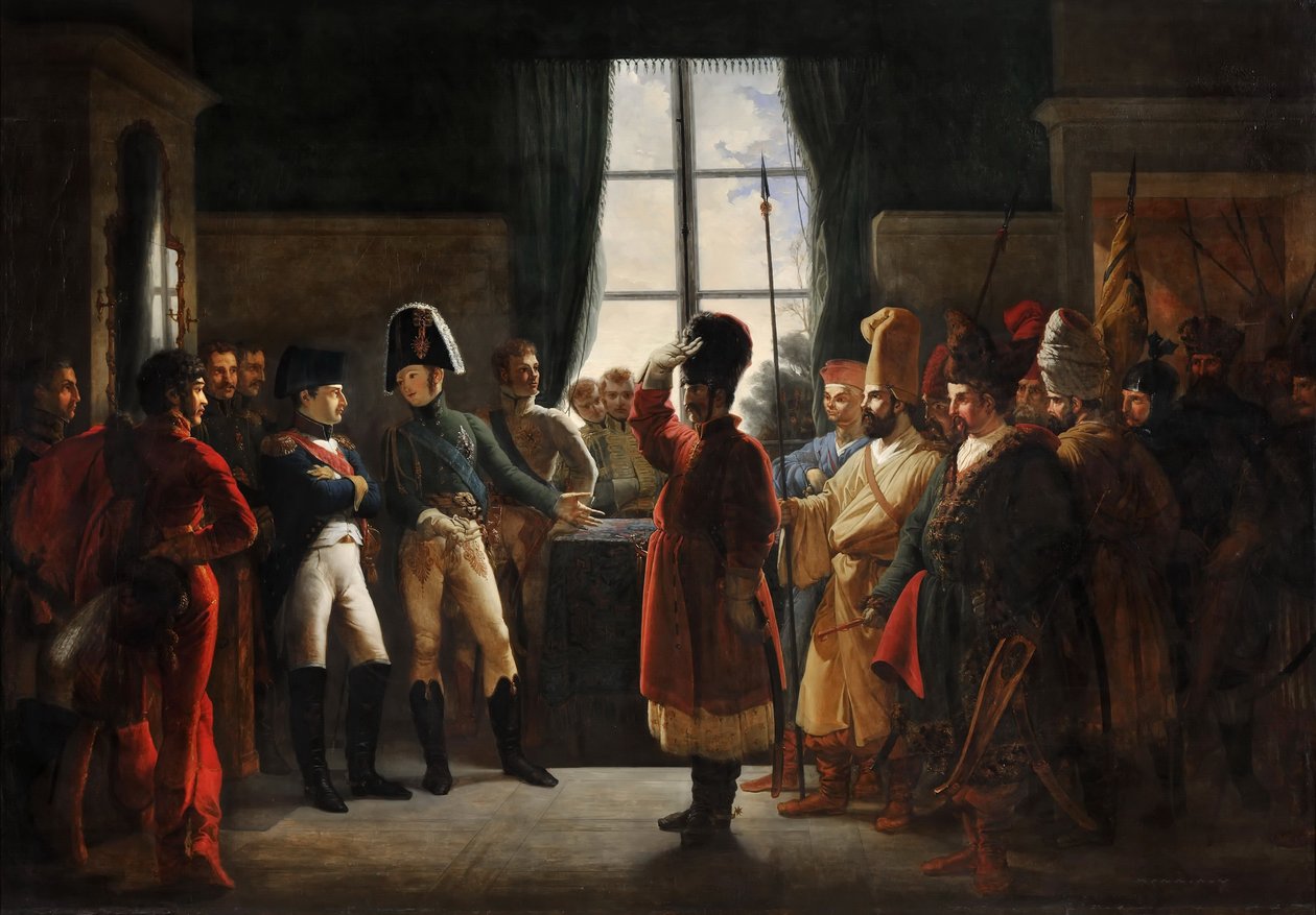 Zar Alexander I. präsentiert die Kalmücken, Kosaken und Baschkiren der russischen Armee Napoleon I., Tilsit von Pierre Nolasque Bergeret