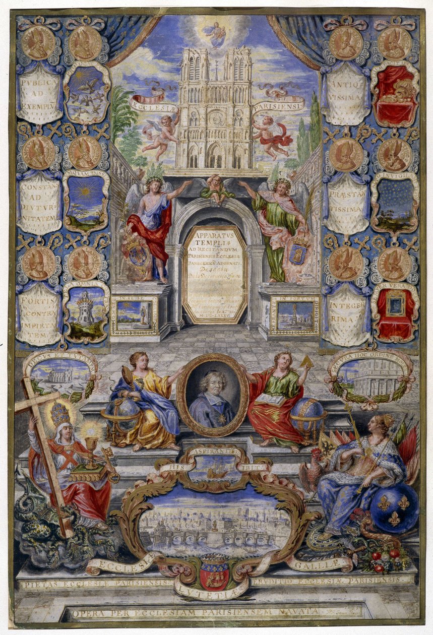 Allegorie der Kirche von Paris anlässlich der Aufhebung des Edikts von Nantes am 18.10.1685, der Vater von Jouvency hielt im Dezember 1685 eine Predigt am College von Clermont, im Medaillon der Erzbischof von Paris, Harlay de Chanvallon, der ermutigte von Pierre Paul Sevin