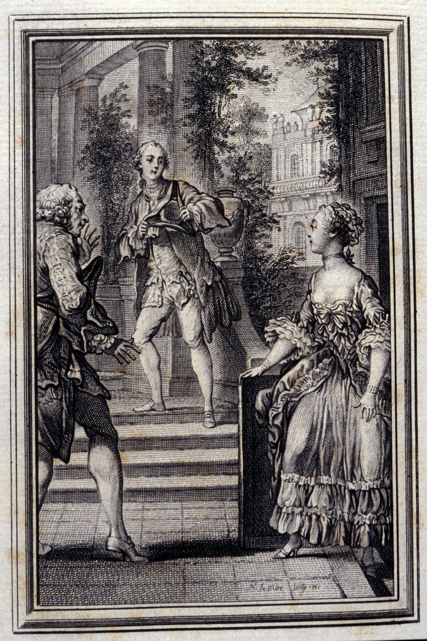 Die Vertraute ohne Wissen oder das Stratageme - in „Tales et nouvelles en vers“ von Jean La Fontaine. 1776. Illustration von P.P. Choffard. von Pierre Philippe Choffard