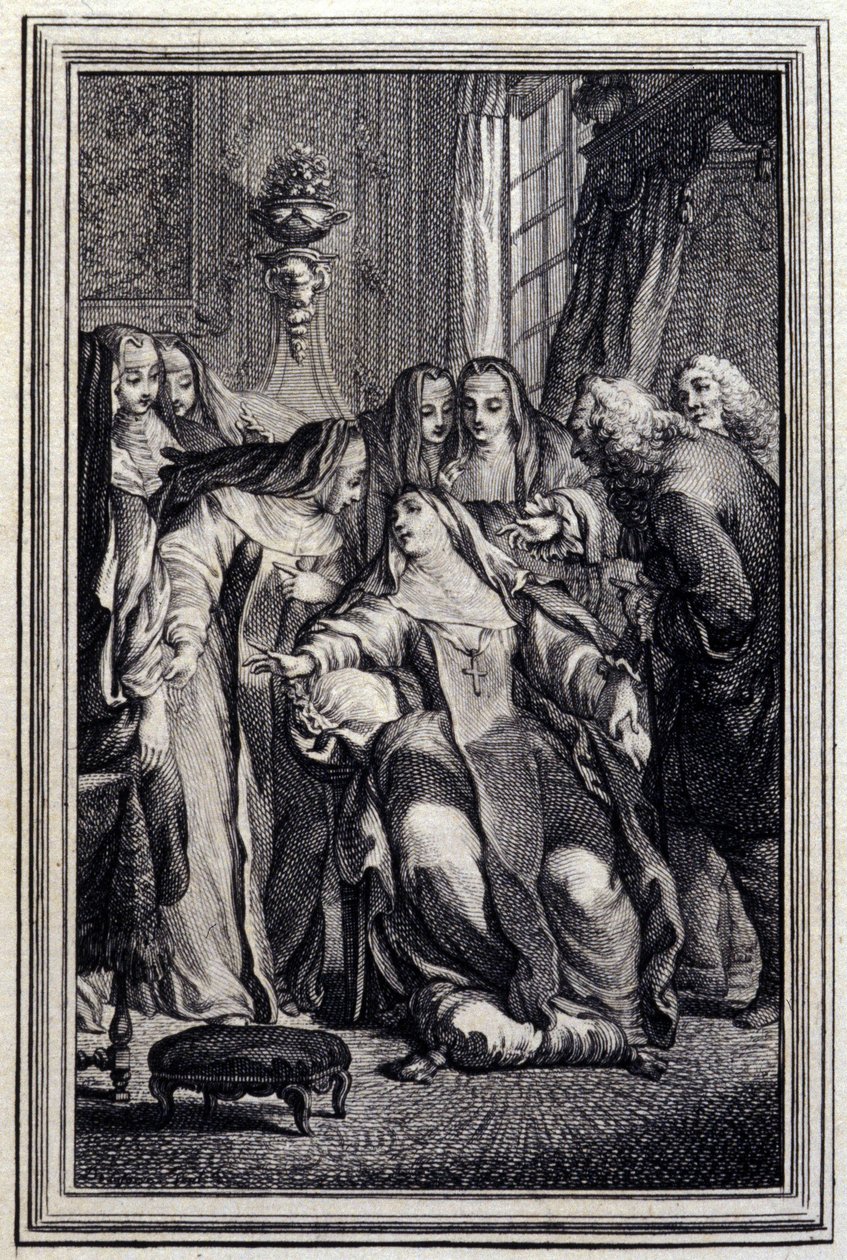 Die kranke Äbtissin - in „Tales et nouvelles en vers“ von Jean La Fontaine. 1776. Illustration von P.P. Choffard von Pierre Philippe Choffard