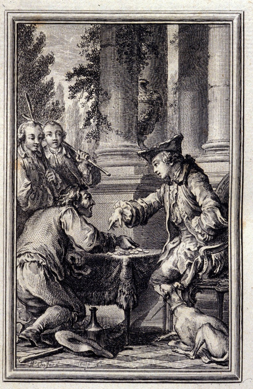 Geschichte eines Bauern, der seinen Herrn beleidigt hatte - in „Tales and news in verse“ von Jean La Fontaine. 1776. Illustration von P.P. Choffard von Pierre Philippe Choffard