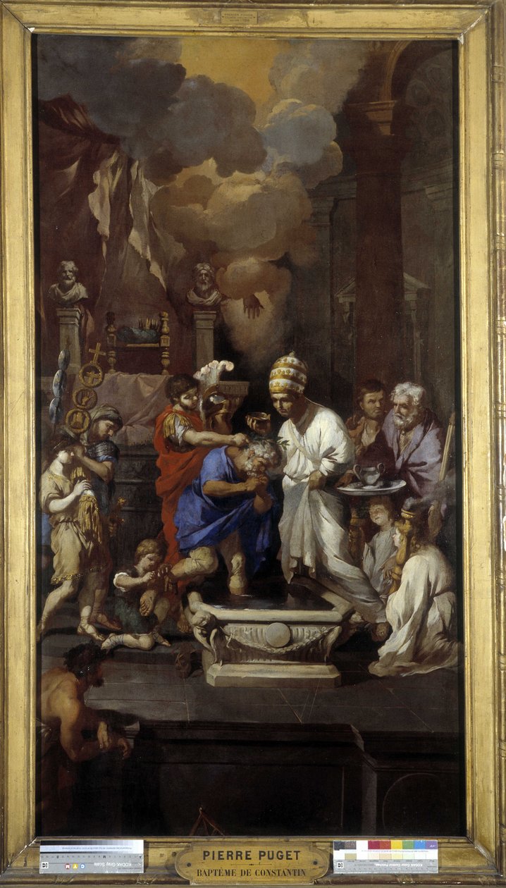 Die Taufe von Konstantin: Kaiser Caius Flavius Valerius Aurelius Constantinus empfängt das Sakrament von Papst Silvester I. (Heiliger) in der Basilika St. Johannes im Lateran in Rom von Pierre Puget