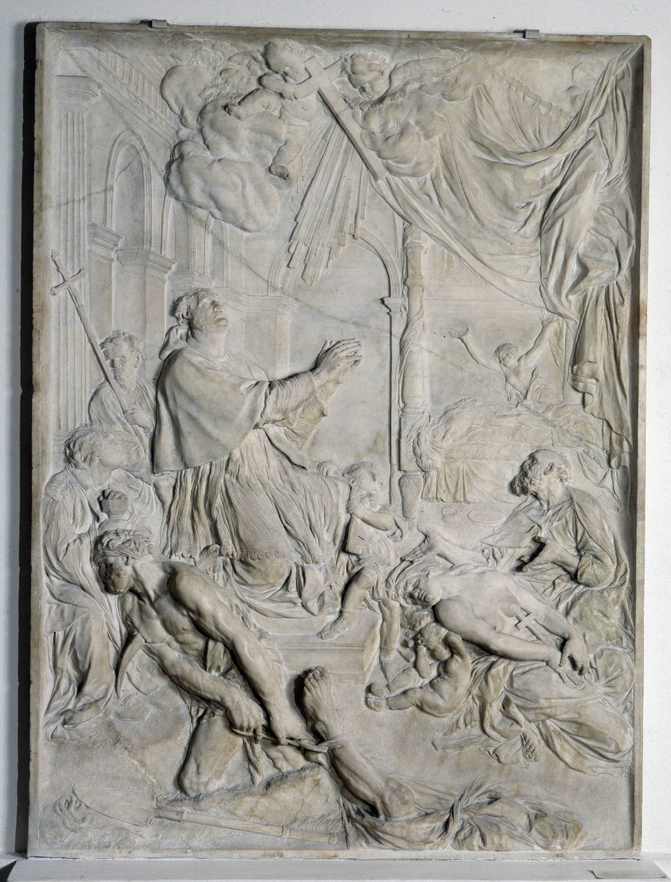 Flachrelief der Pest von Mailand - Heiliger Karl Borromäus (San Carlo Borromeo) (1538-1584, Kardinal und Erzbischof von Mailand) beim Beten (Marmor) von Pierre Puget