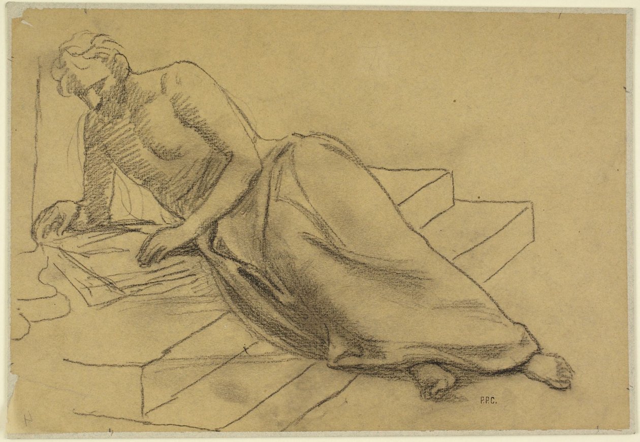 Auf Stufen liegender, lesender Mann, Studie für „Ein Philosoph“ für die Boston Library von Pierre Puvis de Chavannes