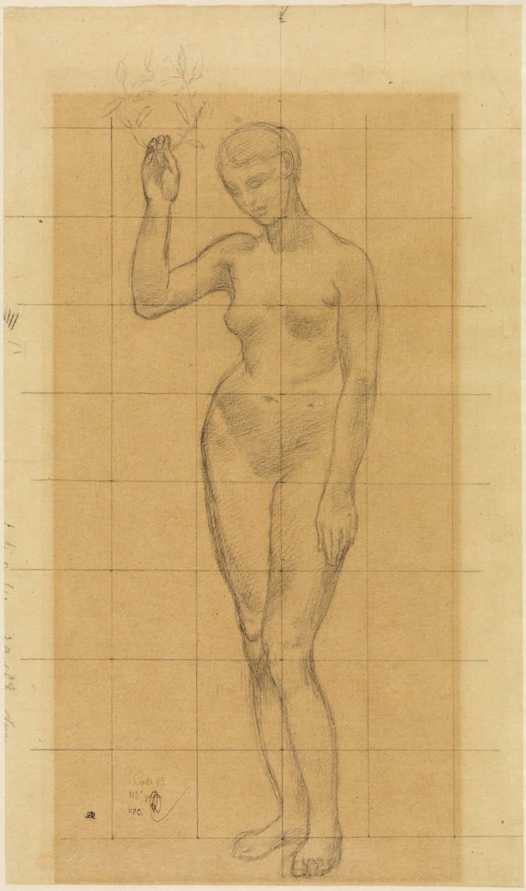 Stehender Frauenakt, schräg nach links, einen Kranz in der erhobenen Rechten von Pierre Puvis de Chavannes