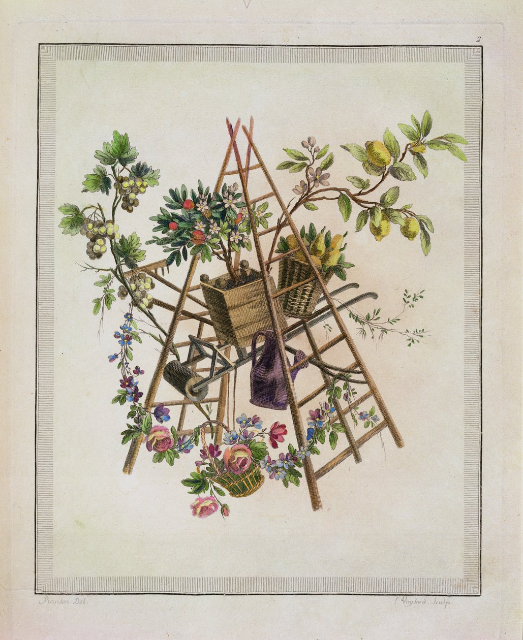 Ein Gartentextildesign, aus Oeuvre contenant un Receuil de Trophees, Attributs, Cartouches, Vases, Fleurs, Ornemens, et Plusieurs Dessins agréables pour broder des Fauteuils, graviert von Etienne C von Pierre Ranson