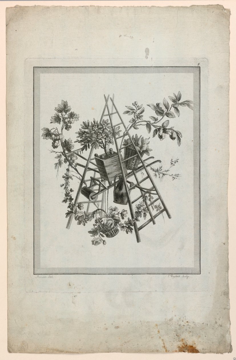 Trophäe mit Gartenwerkzeugen, Platte 2 aus "Suite de différentes Attributs, Trophées, et Groupes de fleurs," Suite II von Pierre Ranson