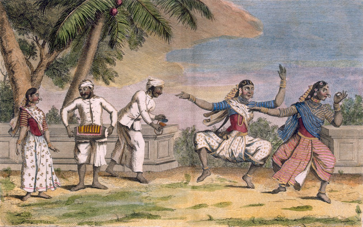 Eine Truppe von Bayaderes oder indischen Tänzerinnen mit männlichen Musikern, Illustration aus 