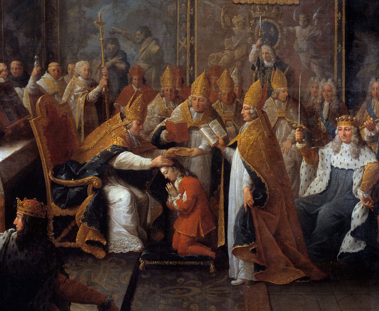 Die Krönung von Ludwig XV. König Ludwig XV. (1710-1774) wurde am 25.10.1722 in der Kathedrale von Reims vom Erzbischof von Reims in Anwesenheit des Regenten, des Herzogs von Orléans (1674-1723) und einer großen Menge gekrönt und gesalbt. (Detail) von Pierre Subleyras