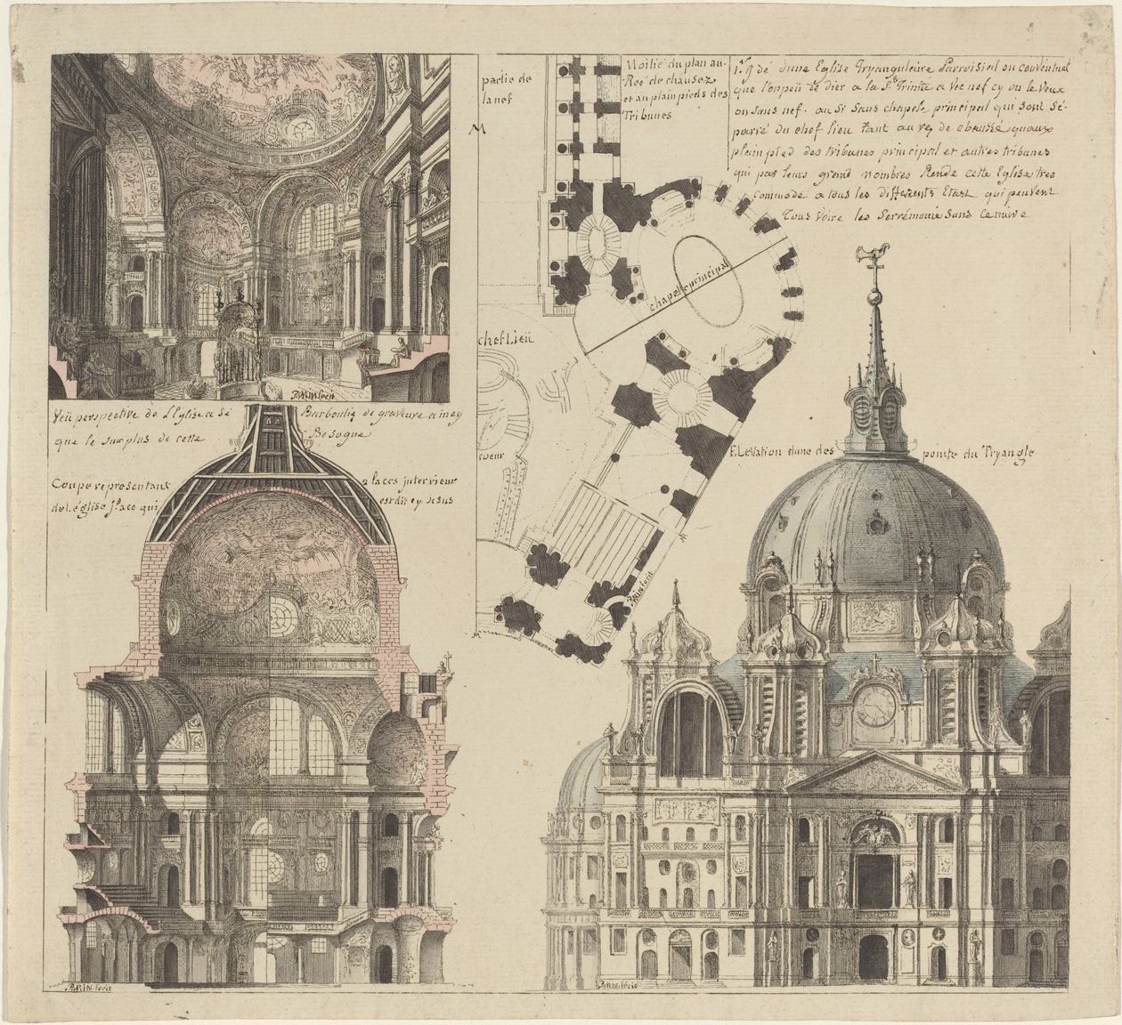 Drei Ansichten und ein Plan einer dreieckigen Pfarrkirche von Pierre Varin