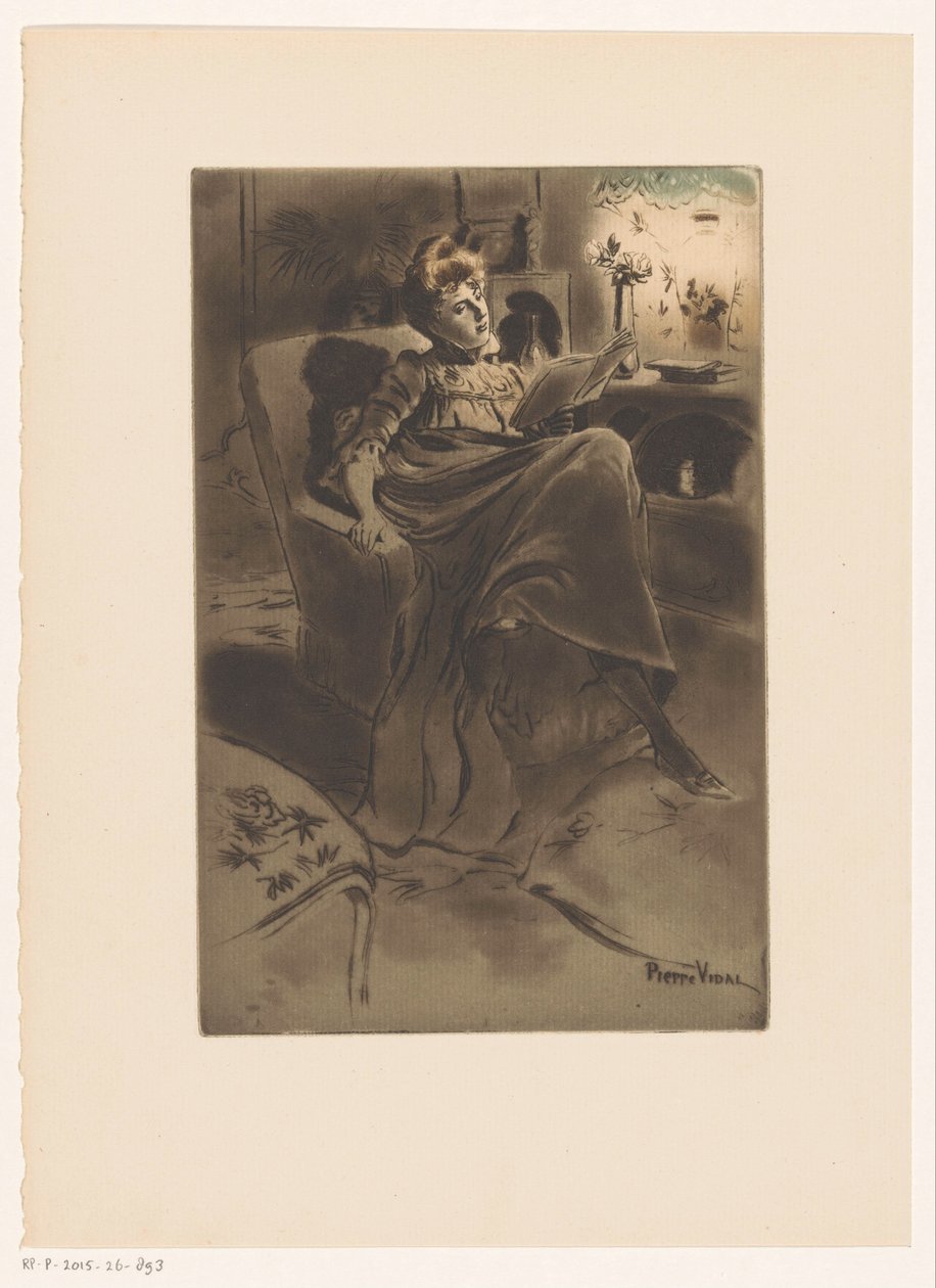 Interieur mit einer lesenden Frau auf einem Stuhl von Pierre Vidal