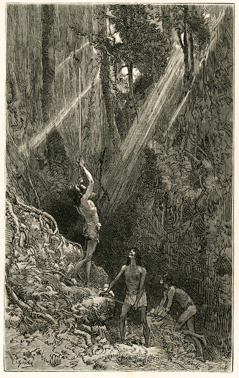 Suno-Indianer, von den Ufern des Napo-Flusses (Amazonas), jagen mit Blasrohr. Gravur von Vignal, zur Illustration der Geschichte „Amazonas und Kordilleren“ von Pierre Vignal