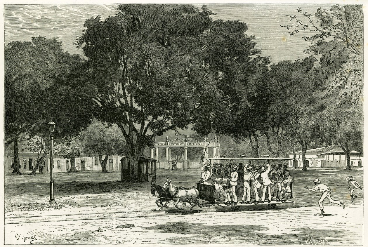 Straßenbahn, gezogen von Pferden, im Hafen von Para (Brasilien), auf dem Largo von Nazareth. Gravur von Vignal, um die Geschichte „Amazonas und Kordilleren“ zu illustrieren. von Pierre Vignal
