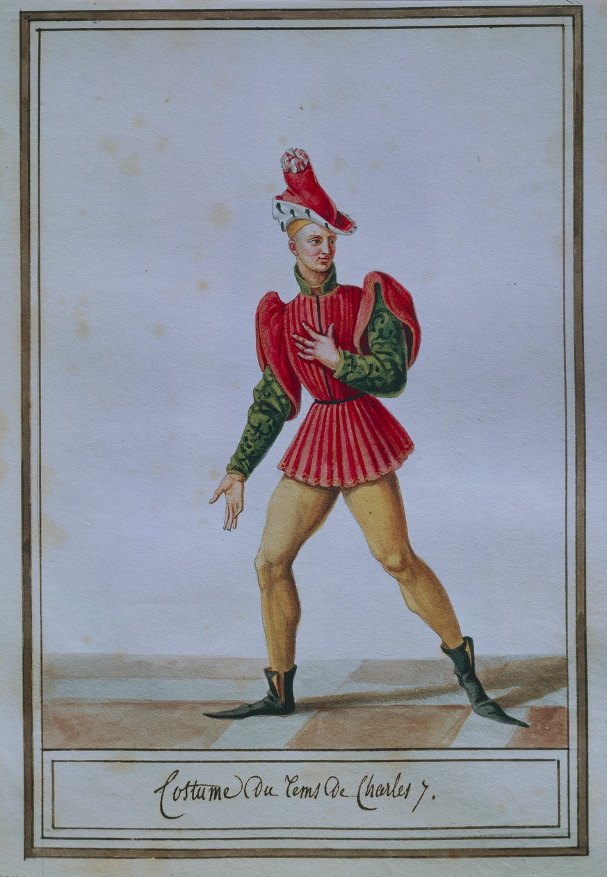 Männliche Modeplatte, die das Kostüm der Zeit von Karl VII. darstellt von Pierre de La Mesangere