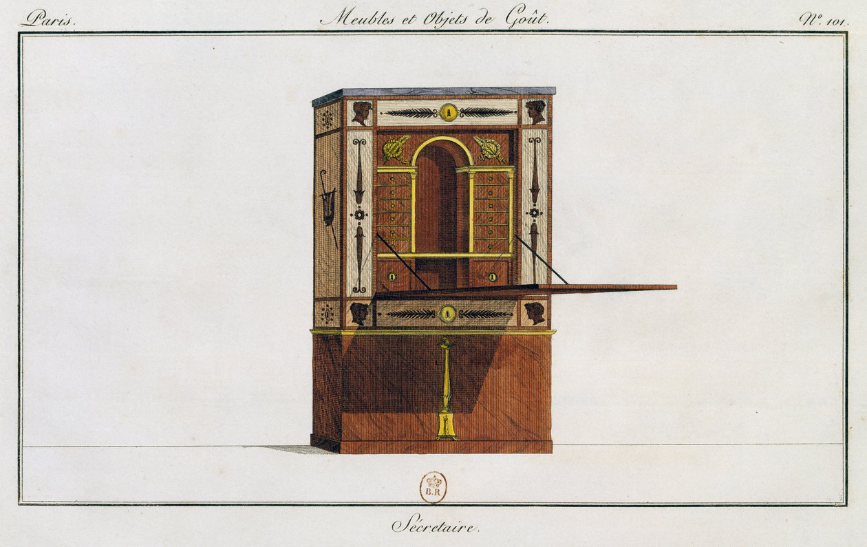 Schreibtisch, Tafel 101, Illustration aus Collection de meubles et objects de gout von Pierre de La Mesangere