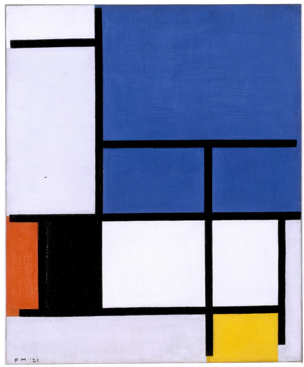 Komposition mit großer blauer Fläche, Rot, Schwarz, Gelb und Grau von Piet Mondrian