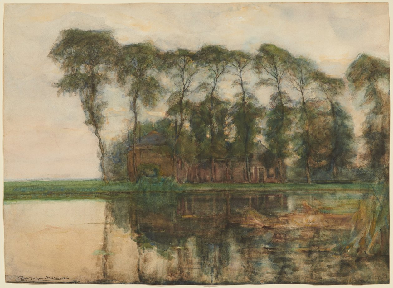 Bauernhof am Wasser, abgeschirmt von neun hohen Bäumen von Piet Mondrian