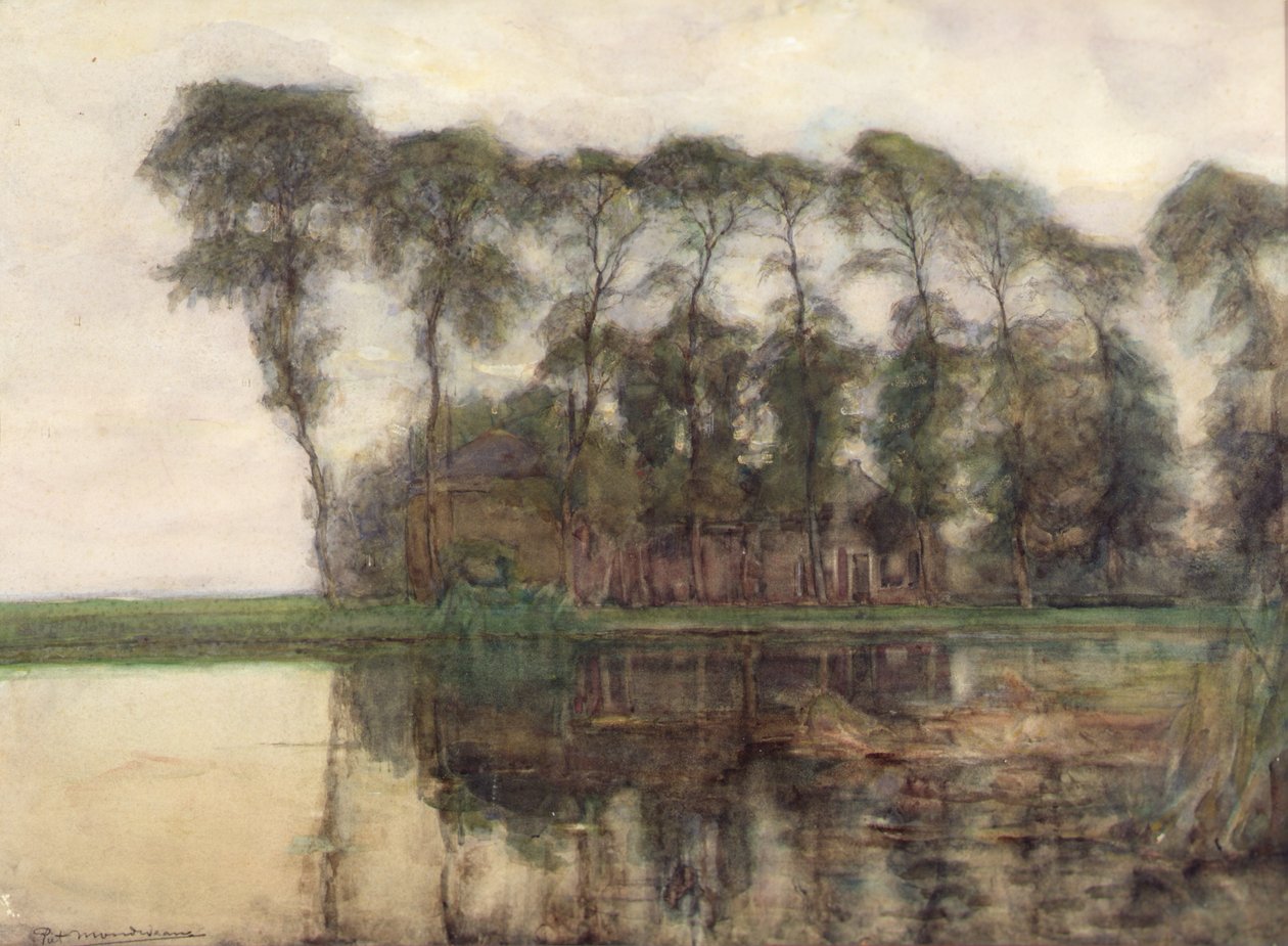 Bauernhof entlang des Wassers, abgeschirmt von neun hohen Bäumen von Piet Mondrian