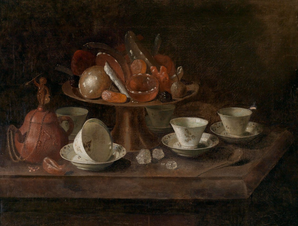 Stillleben mit Schokoladentassen und einer Tazza mit Naschwerk von Pieter Gerritsz. van Roestraten